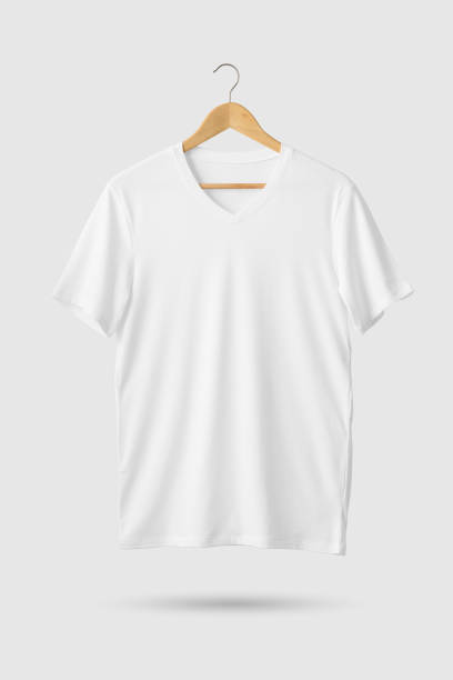 istock White V-Neck T-Shirts Mock-up hanging, front rar side view. 934194252