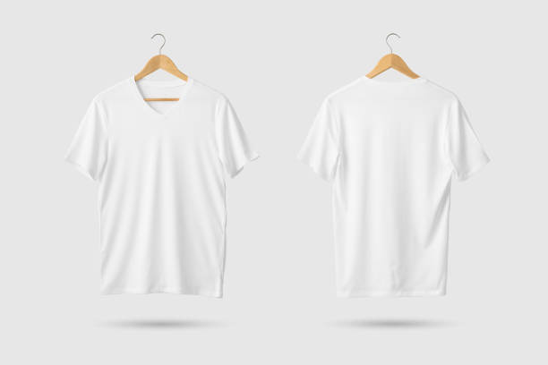 istock White V-Neck T-Shirts Mock-up hanging, front and rear side view. 934196502