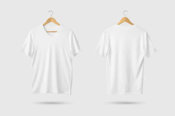 White V-Neck T-Shirts Mock-up hanging, front and rear side view . Ready to replace your design.