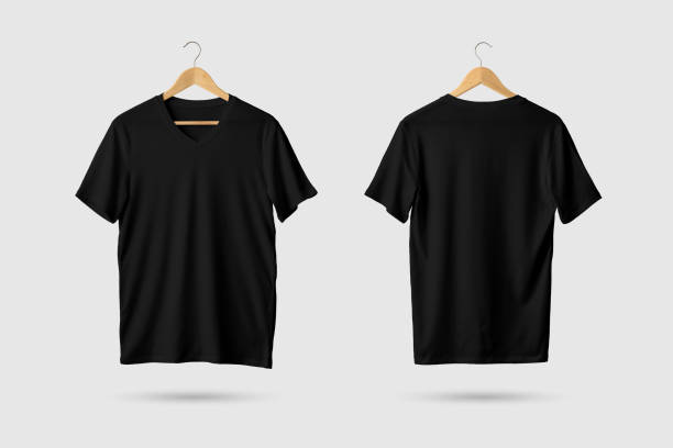 istock Black V-Neck T-Shirts Mock-up hanging, front and rear side view. 934198636