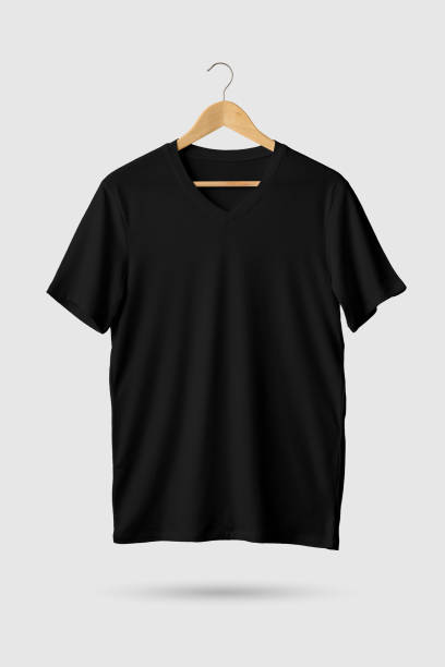istock Black V-Neck T-Shirts Mock-up hanging, front side view. 934201884