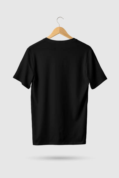 istock Black V-Neck T-Shirts Mock-up hanging, rear side view. 934202882
