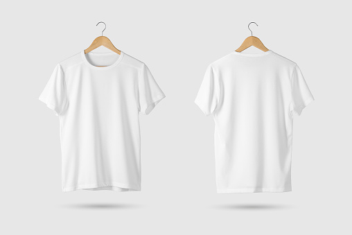 Blank White T-Shirt Mock-up on wooden hanger, front and rear side view.