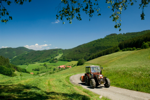 Panoramic view.  Winding Tyrolean forest road and alpine farm.  Naringalm above Kössen, Tyrol, Austria