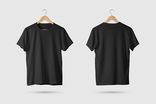 Black T-Shirt Mock-up on wooden hanger, front and rear side view.