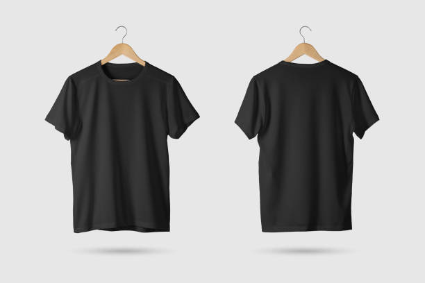 Black T-Shirt Mock-up on wooden hanger, front and rear side view. Black  T-Shirt Mock-up on wooden hanger, front and rear side view. 3D Rendering. coathanger stock pictures, royalty-free photos & images