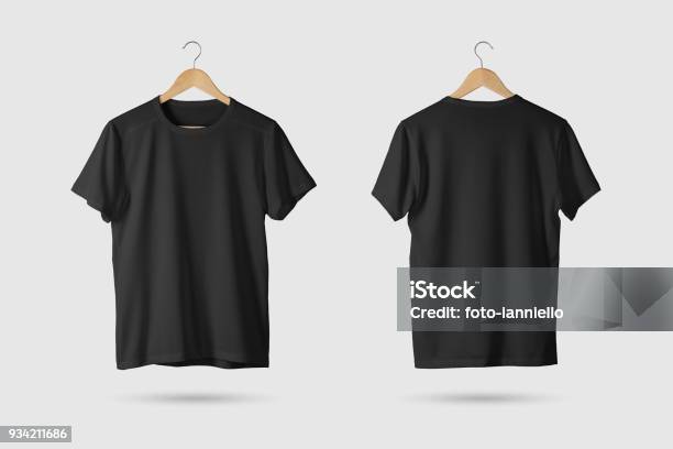 Black Tshirt Mockup On Wooden Hanger Front And Rear Side View Stock Photo - Download Image Now