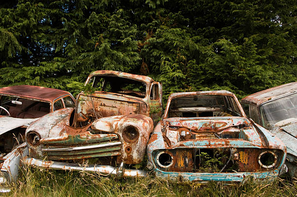 istock Row of weathered car bodies rusting in scrap metal yard 93423363