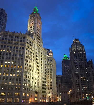 The Wrigley building in Chicago illuminated green for Saint Patrick’s day.