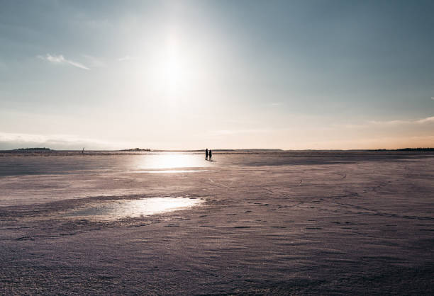 Two people standing on the ice on a sunny day