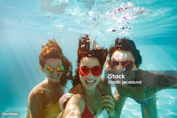 Cheerful Friends Making Selfie Underwater In Pool Stock Photo - Download Image Now - Swimming Pool, Underwater, Friendship