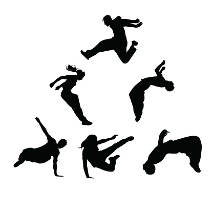 Silhouettes of people engaged in parkour. Sports guys and girls. Vector silhouettes on white background.