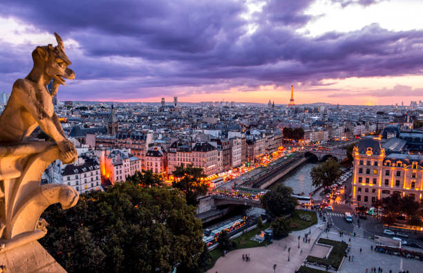 гаргулья на нотр-дам в париже на закате - gargoyle notre dame paris france architecture стоковые фото и изображения