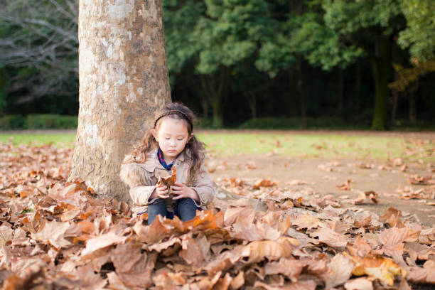 istock Little girl playing with fallen leaves 934255084