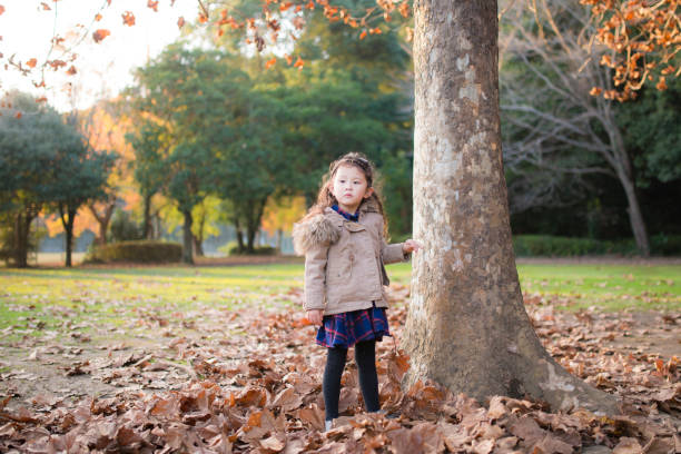 istock Little girl playing with fallen leaves 934255346