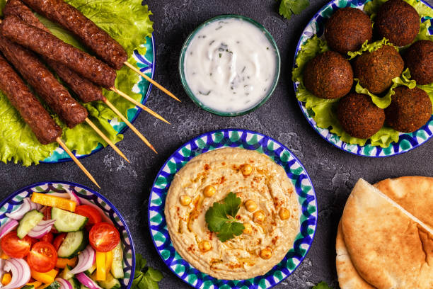 istock Classic kebabs, falafel and hummus on the plates. 934255580