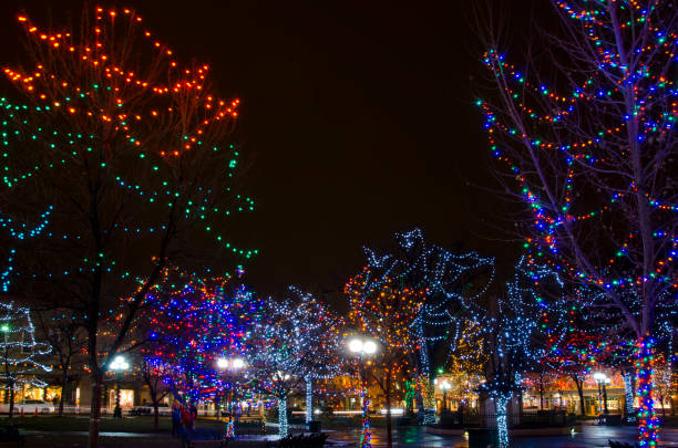 lumières de noël de plaza santa fe - santa fe trail photos et images de collection