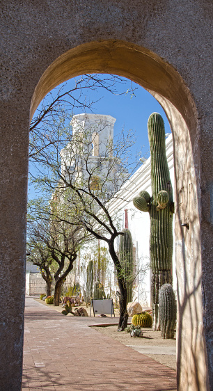 The San Xavier del Bac Mission stands on the Tohono O'odham Indian Reservaton near Tucson, Arizona.