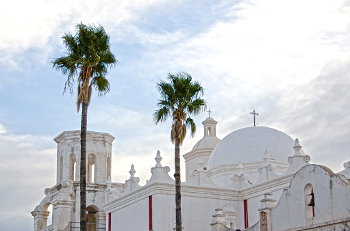 The San Xavier del Bac Mission stands on the Tohono O'odham Indian Reservaton near Tucson, Arizona.