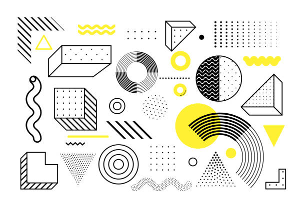 Universal trend geometric shapes set Universal trend halftone geometric shapes set juxtaposed with bright bold yellow elements composition. Design elements for Magazine, leaflet, billboard, sale black triangle pattern stock illustrations