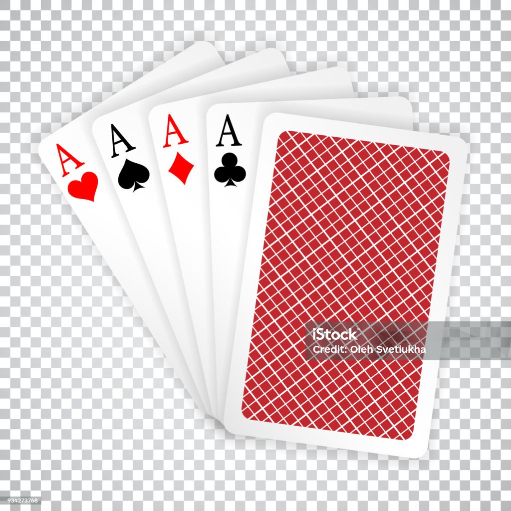 Cuatro ases en cinco tarjeta poker jugar cartas con la parte posterior del diseño. Mano de poker de ganar - arte vectorial de Carta - Naipe libre de derechos
