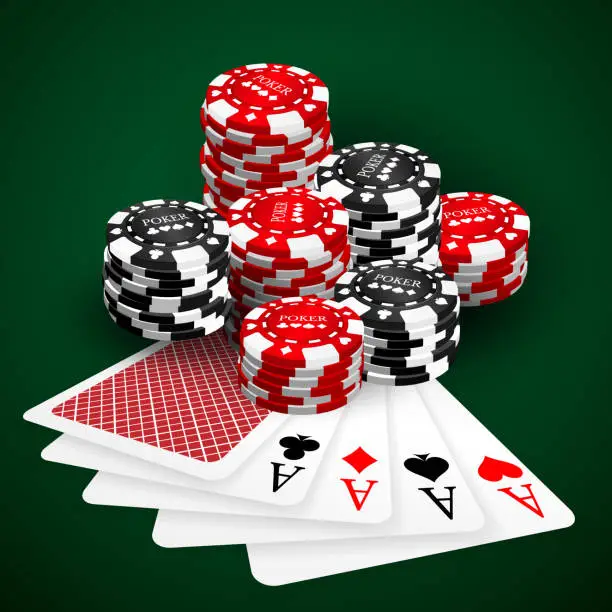 Vector illustration of Vector illustration on a casino theme with playing chips and playig cards on dark background. Gambling design elements. Four Aces and  poker chips stack