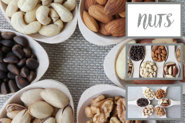 Collage nuts. Abstract view of a wood spoon with mixed nuts on a background of natural fabrics. Opportunity to write your text.