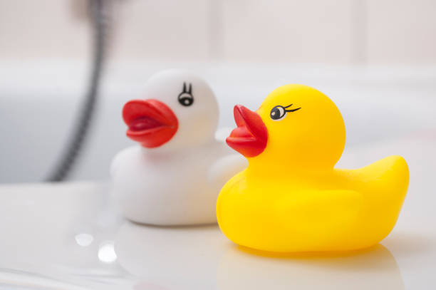 Yellow and wgite rubber duck toy on bath stock photo