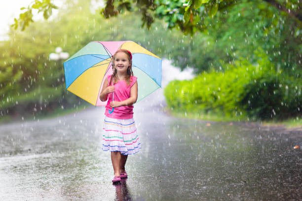 istock Kid with umbrella playing in summer rain. 934292390