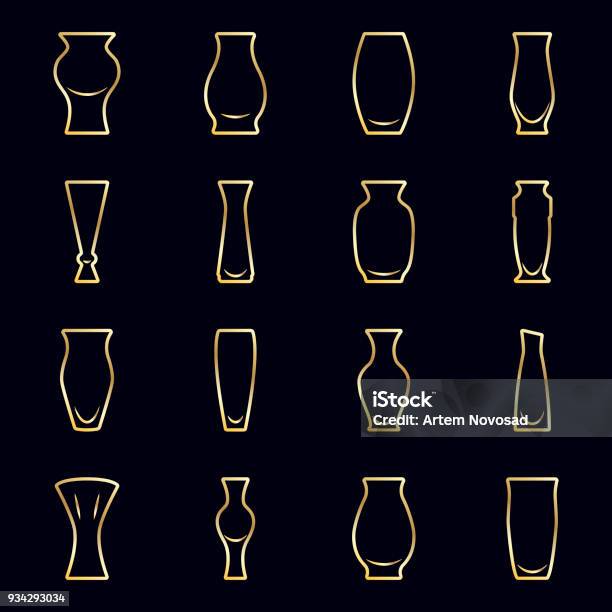 Set Of Gold Icons Vases For Flowers On A Dark Blue Background Vector Stock Illustration - Download Image Now