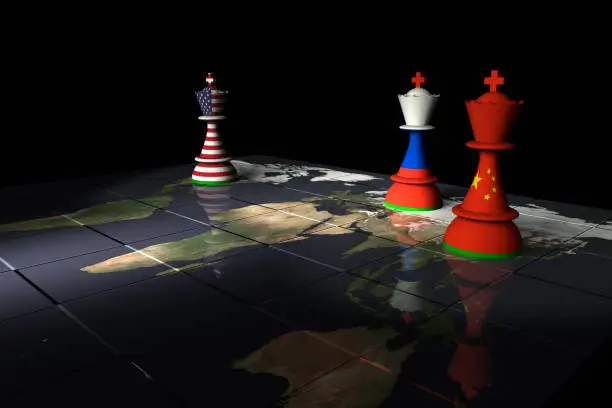 Render of a chessboard decorated a map of the earth and with pieces decorated with the American, Chinese and Russian flags.

The Earth map is a public domain image from NASA's Visible Earth project: https://visibleearth.nasa.gov/view.php?id=73884