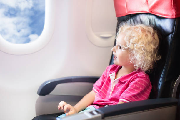istock Child flying in airplane. Flight with kids. 934304118