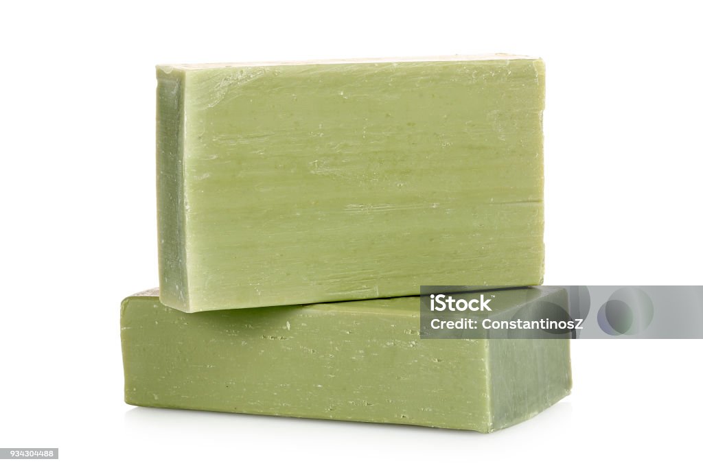 green soap bars green soap bars made from olive oil isolated on white Bar Of Soap Stock Photo