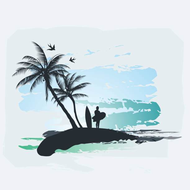 ilustrações, clipart, desenhos animados e ícones de palmeira de surfe - bodysurfing