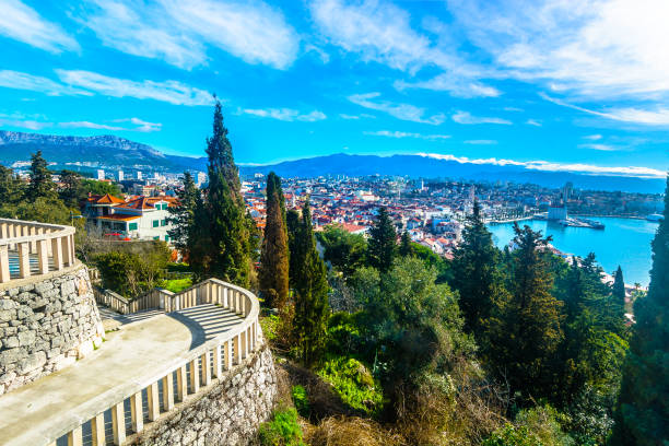 Split cityscape Marjan viewpoint. Aerial view at cityscape of town Split in Croatia, Adriatic Sea scenery. split croatia stock pictures, royalty-free photos & images
