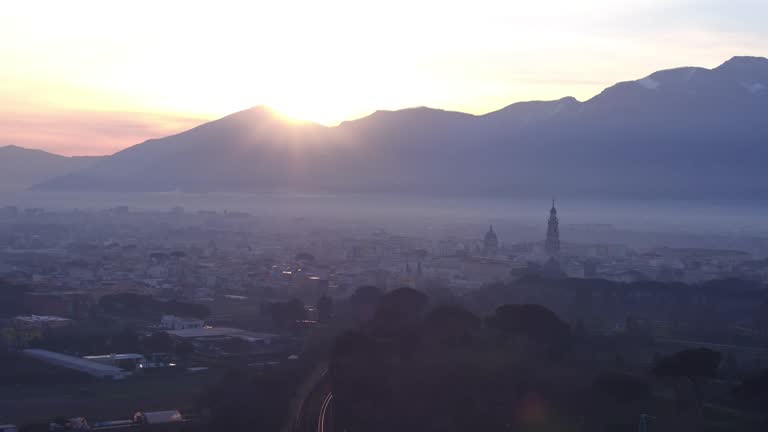 morning aerial scenes of Pompei city center