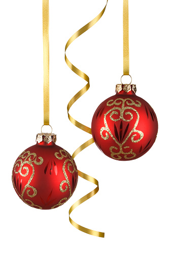 Christmas ball on colored background. decoration bauble with ribbon bow with copy space.