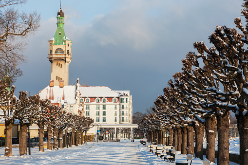 Sopot Lighthouse in winter scenery. \nSopot, Pomerania, Poland.
