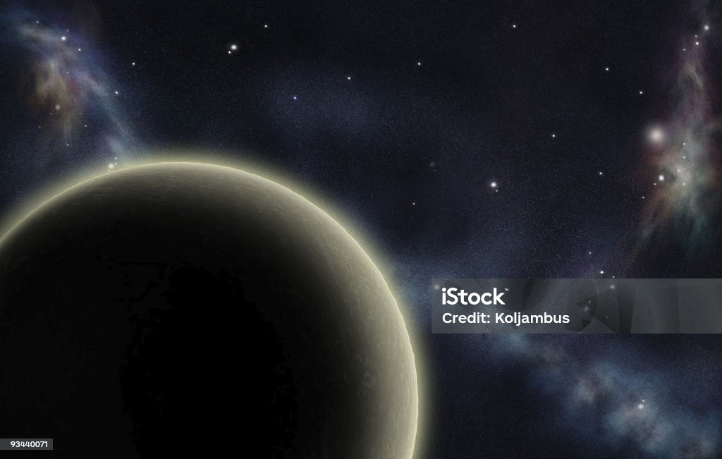 Digital erstellt starfield mit ausgefallenen Nebel und gelbe planet - Lizenzfrei Astronomie Stock-Foto