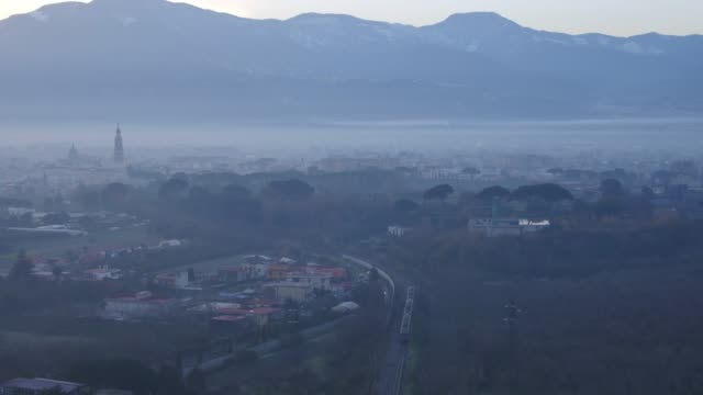 morning aerial scenes of Pompei city center