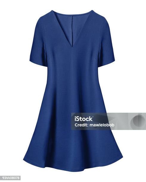 Navy Blue Retro Dress With Short Sleeves Isolated On White Stock Photo - Download Image Now