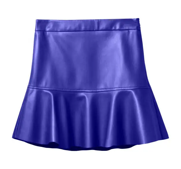 Navy blue leather skirt with flounce isolated on white