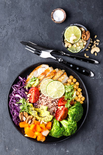 istock Buddha bowl dish with chicken fillet, brown rice, avocado, pepper, tomato, broccoli, red cabbage, chickpea, fresh lettuce salad, pine nuts and walnuts. Healthy balanced eating. Top view 934408308