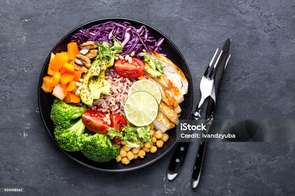Buddha bowl dish with chicken fillet, brown rice, avocado, pepper, tomato, broccoli, red cabbage, chickpea, fresh lettuce salad, pine nuts and walnuts. Healthy balanced eating. Top view Bowl Stock Photo