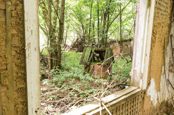 istock View from the window. A view of the abandoned terrain and ruins. 934414256