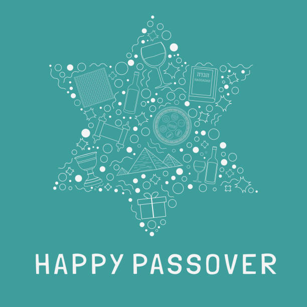 Passover holiday flat design white thin line icons set in star of david shape with text in english Passover holiday flat design white thin line icons set in star of david shape with text in english "Happy Passover". passover stock illustrations