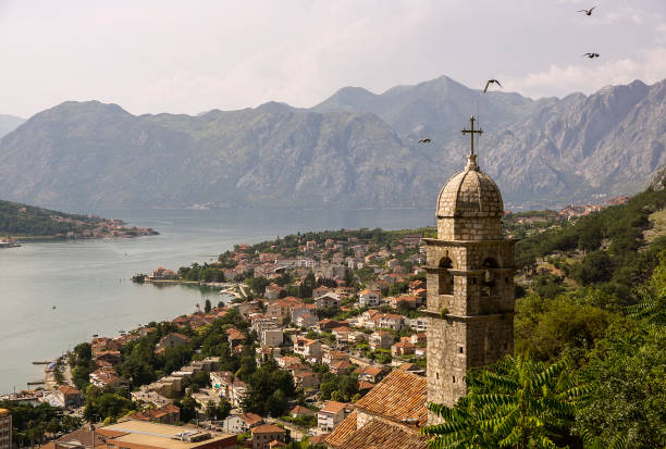 istock Top view on a city bay and mountains with flying birds 934420118