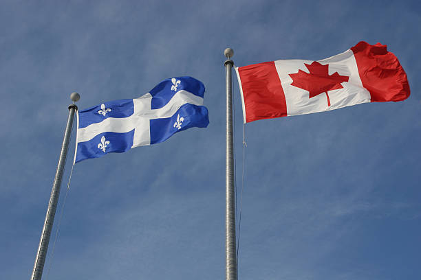 istock Canadian and Quebec provincial flags view from ground 93442030