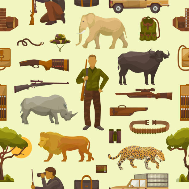 Hunt safari vector hunterman character in Africa with hunting ammunition or hunters equipment rifle shooting and african animals lion elephant wildlife set illustration seamless pattern background Hunt safari vector hunterman character in Africa with hunting ammunition or hunters equipment rifle shooting and african animals lion elephant wildlife set illustration seamless pattern background. buffalo shooting stock illustrations