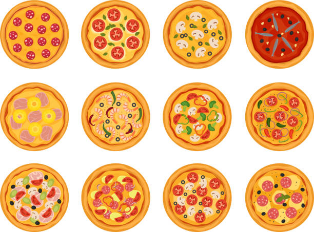 ilustraciones, imágenes clip art, dibujos animados e iconos de stock de vector de pizza comida italiana con queso y tomate en pizzeria o pizzahouse conjunto de ilustración de torta al horno en italia aislado sobre fondo blanco - pizza